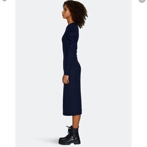 Walter Baker Dress Midi Long Sleeve Navy Blue Gathered Shoulder Puff Stretch M